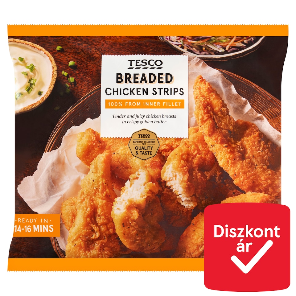 Tesco csirkemellfilé felhasználásával készült, panírozott, elősütött, gyorsfagyasztott termék 500 g