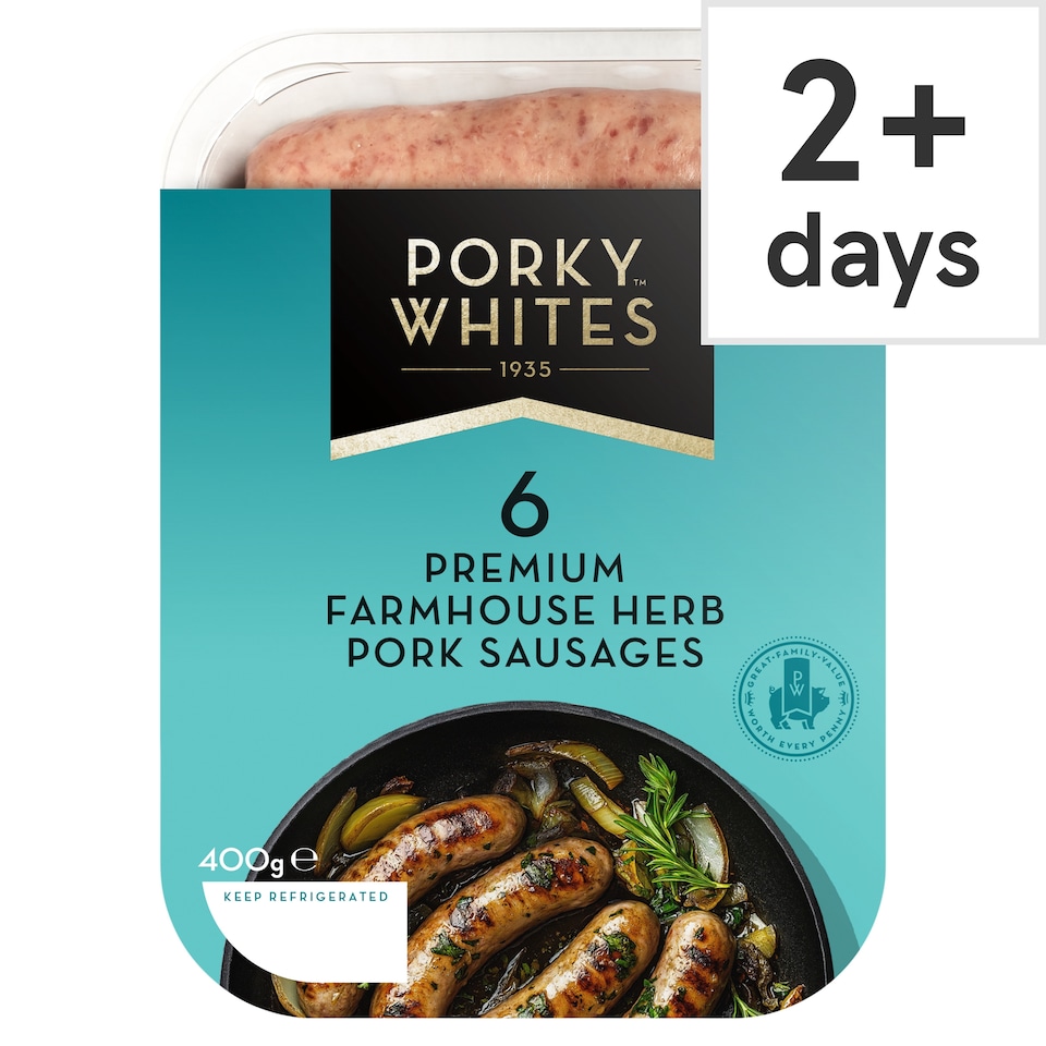 PORKY WHITES 6 PREMIUM FARMHOUSE HERB PORK SAUSAGES 400G