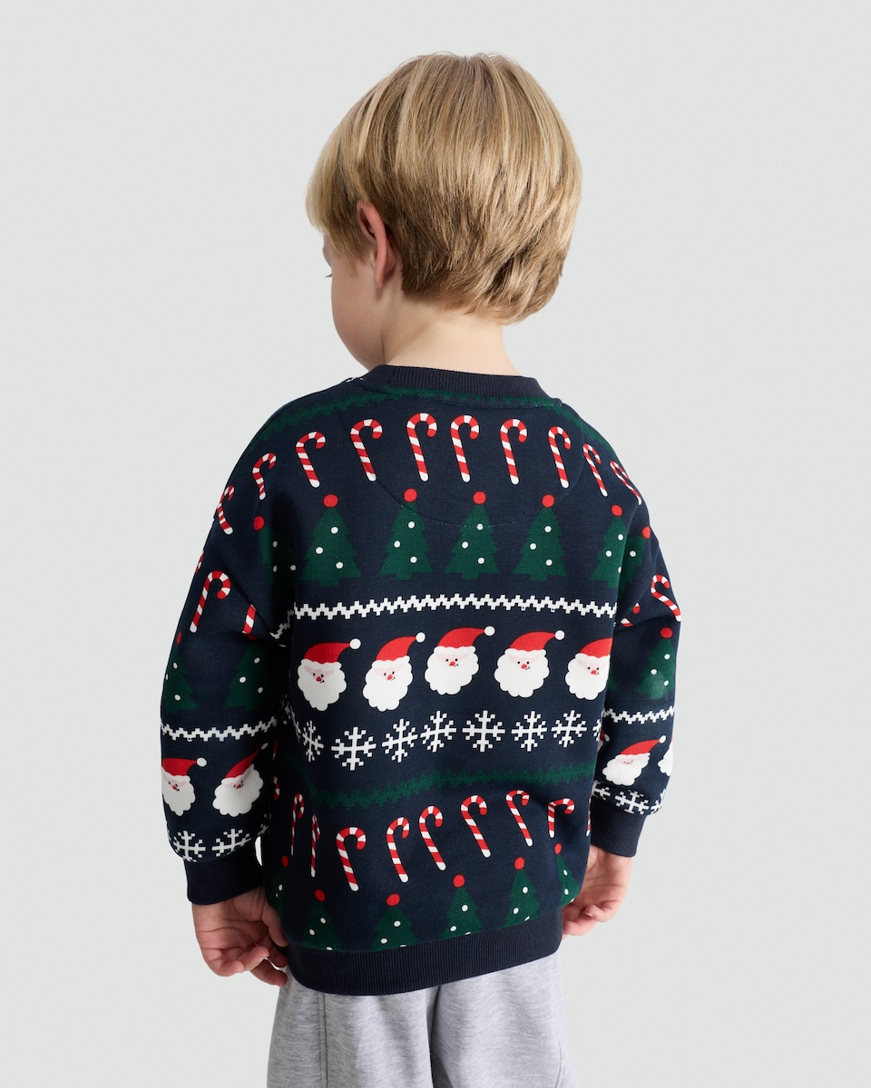 image 1 of F&F Boys Cotton Rich Christmas Motif Jumper in Navy