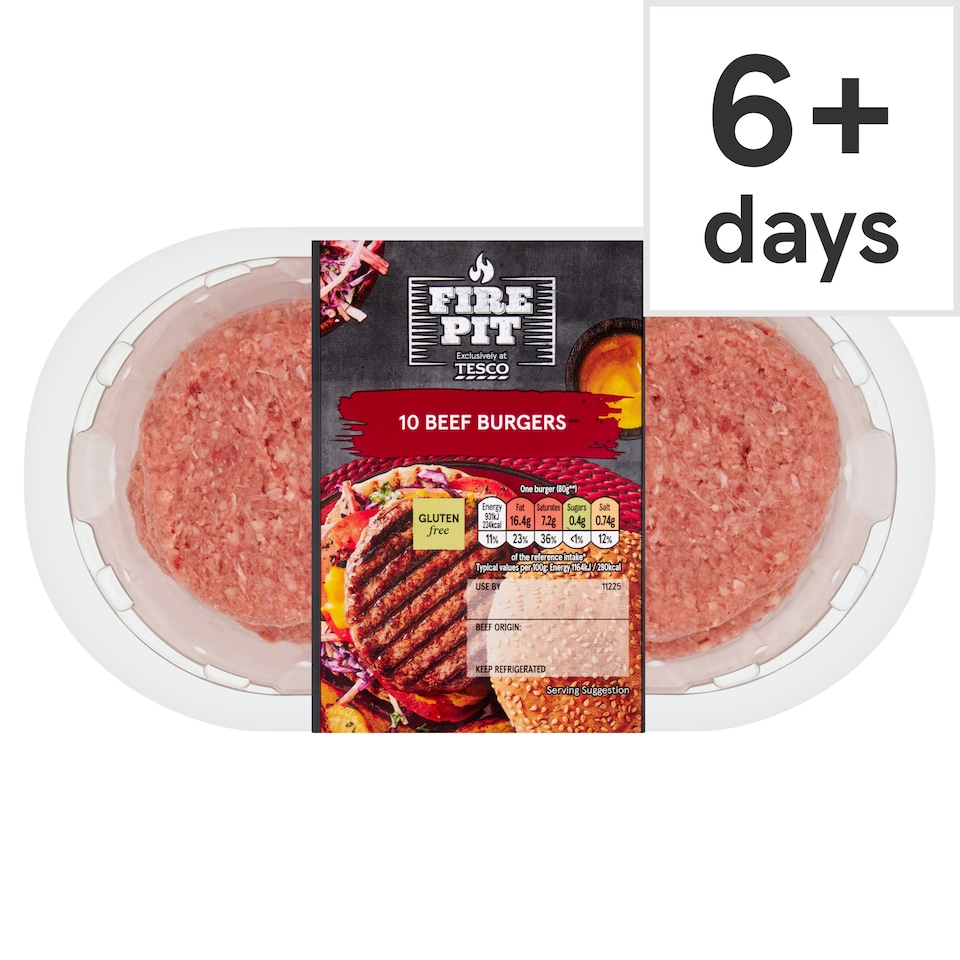 Tesco Fire Pit 10 Beef Burgers 920g NEW