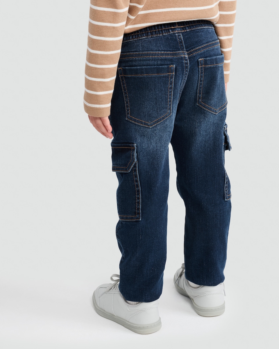 image 1 of F&F Boys Cotton Rich Denim Cuffed Cargo Jeans in Navy
