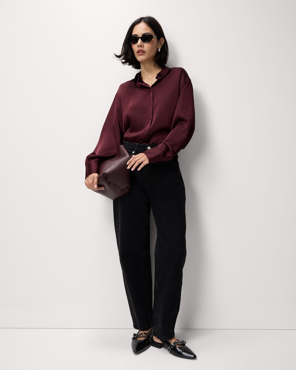 image 1 of F&F Satin Collared Oversized Co-ord Shirt in Red