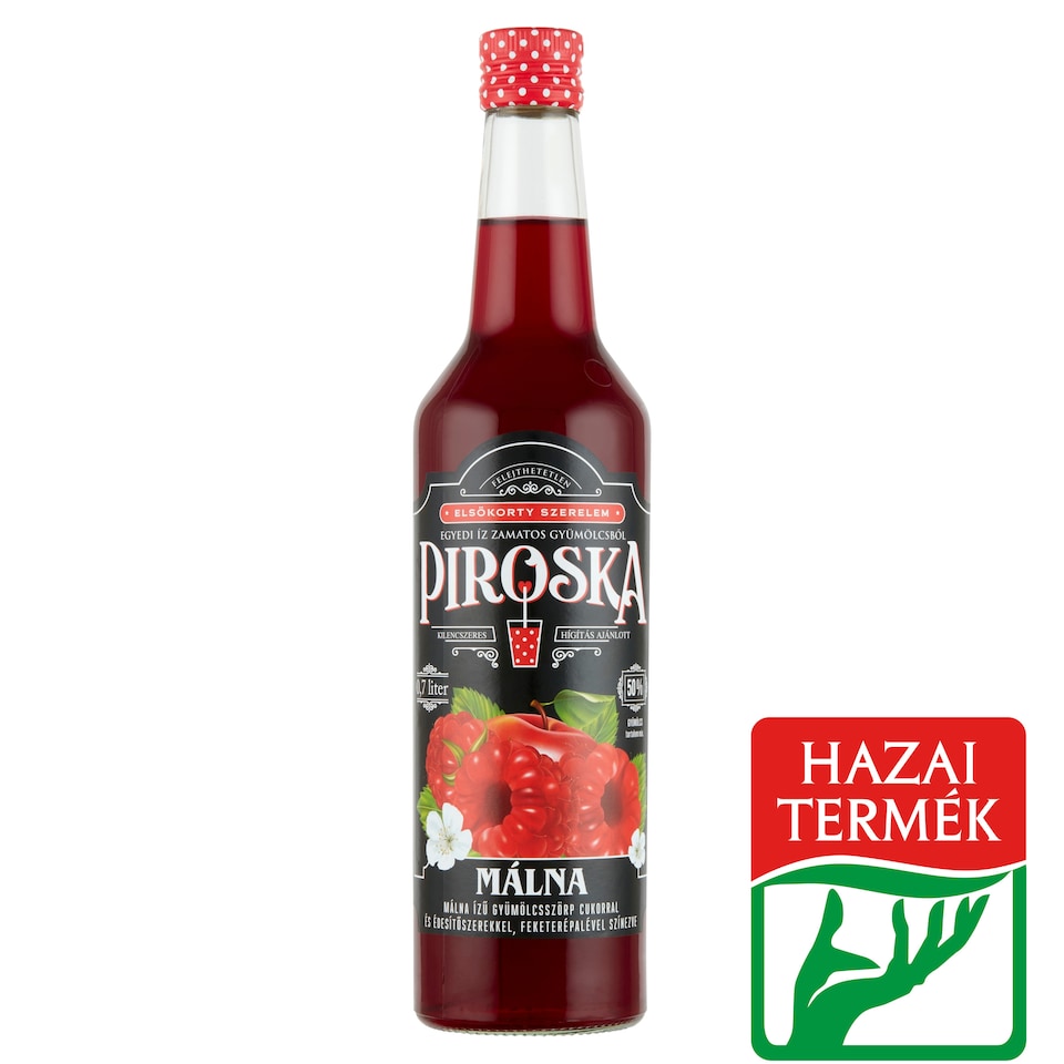 Piroska málna ízű gyümölcsszörp feketerépalével színezve cukorral és édesítőszerrel 0,7 l