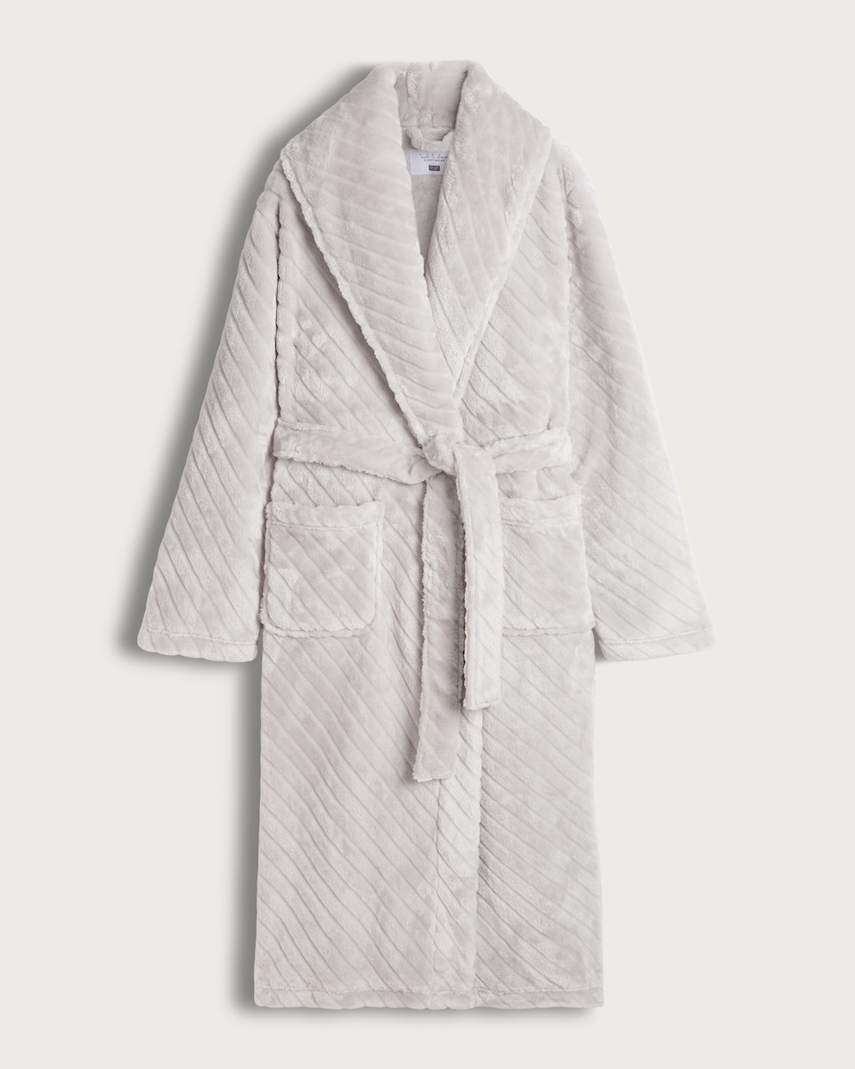 F&F Fleece Textured Striped Dressing Gown in Grey