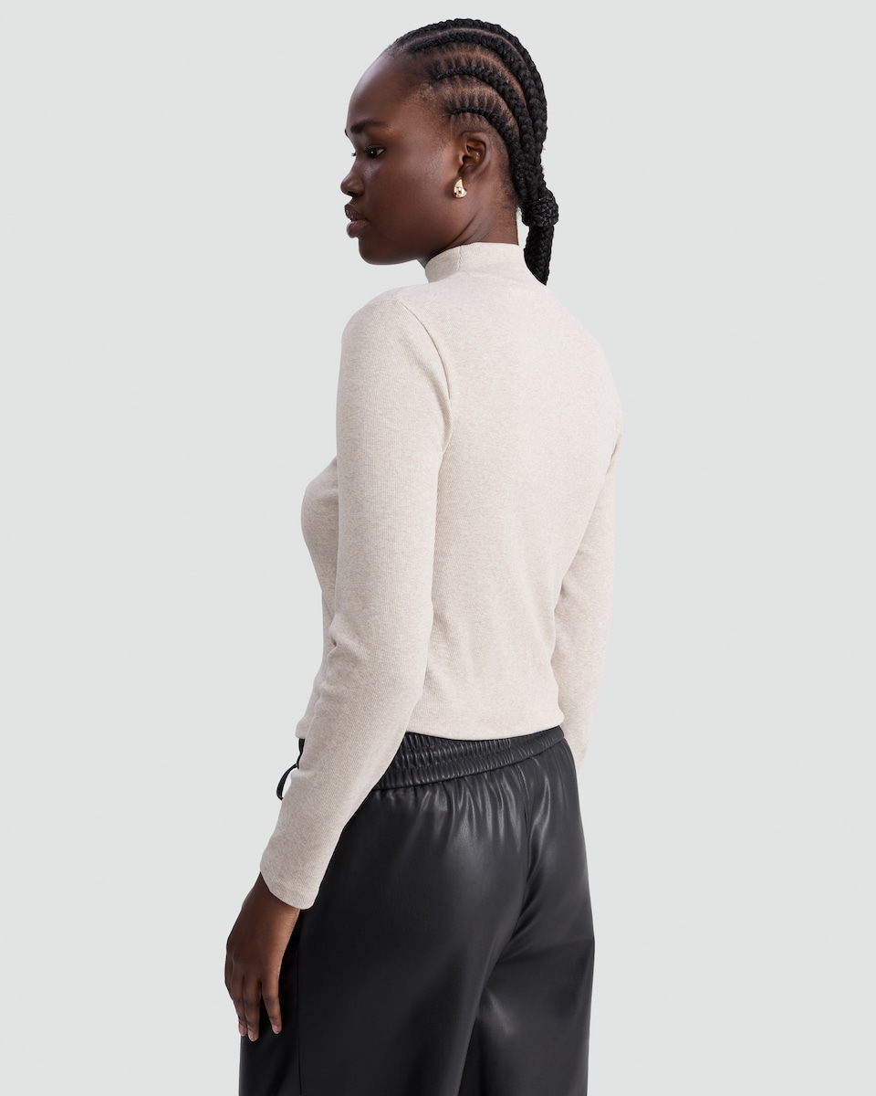 image 1 of F&F Cotton Rich High Neck Long Sleeved Top in Neutral