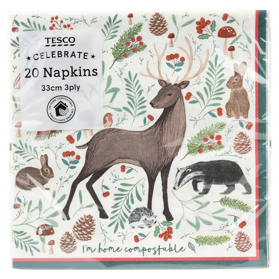 Tesco Woodland Christmas Napkins 33cm 3Ply 20 Pack