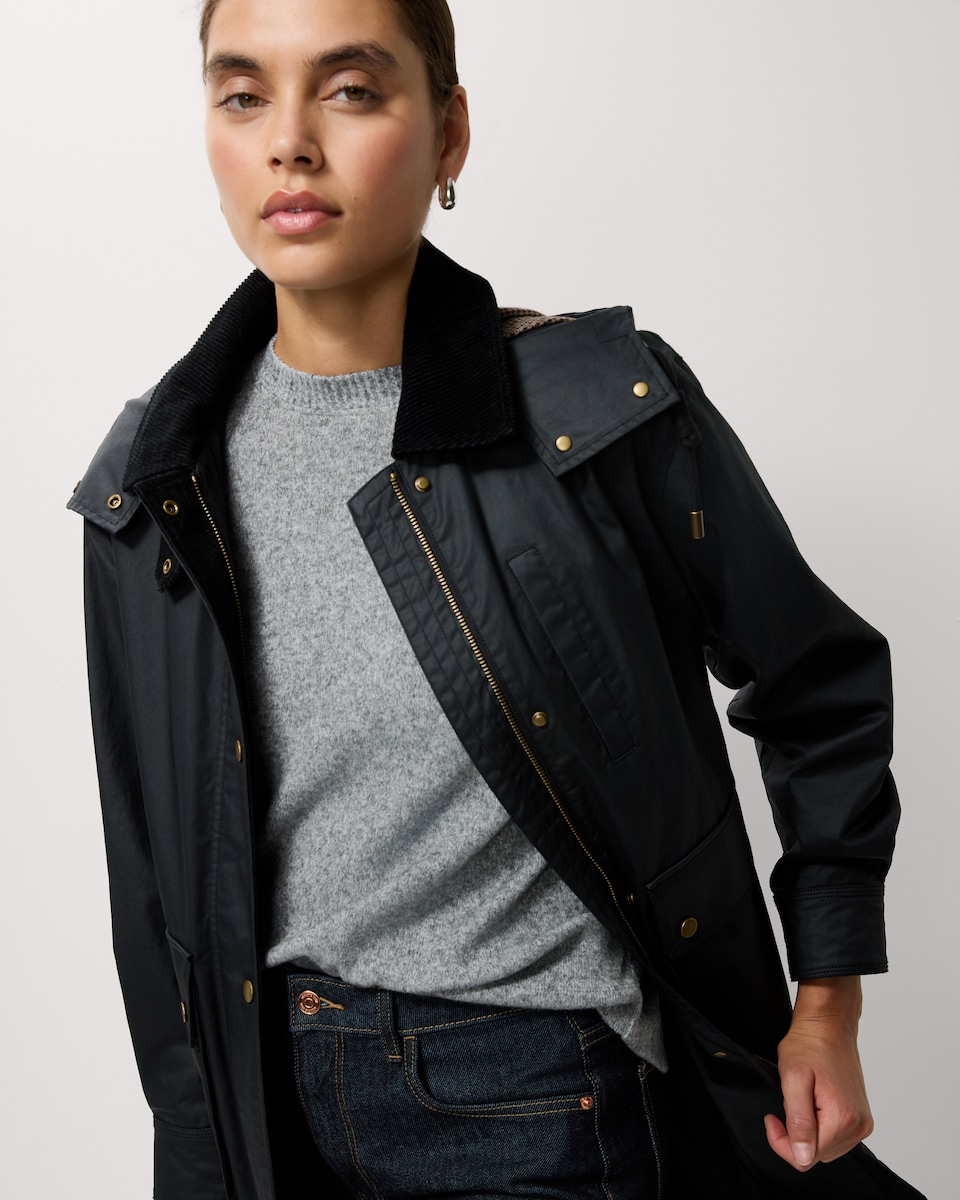 image 1 of F&F Pure Cotton Waxed Hooded Trench Coat in Black