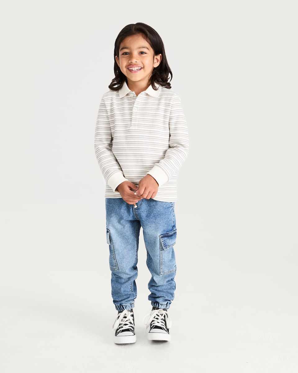 image 1 of F&F Boys Cotton Rich Stripe Long Sleeved Polo Shirt in Grey