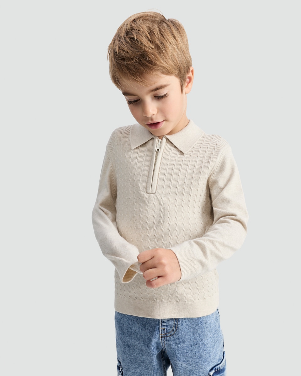 image 1 of F&F Boys Cable Knit Half Zip Polo in Cream