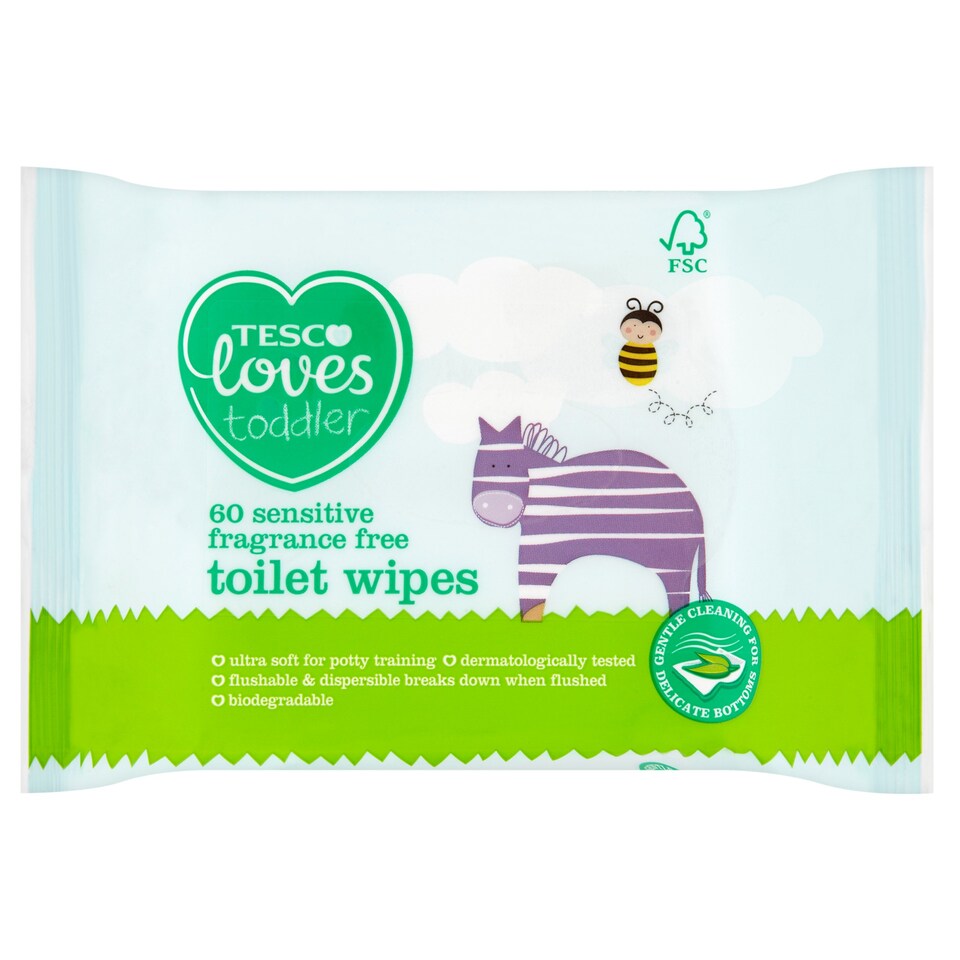 Tesco Loves Toddler Sensitive Toilet Fragrance Free Toilet Wipes 60Pk