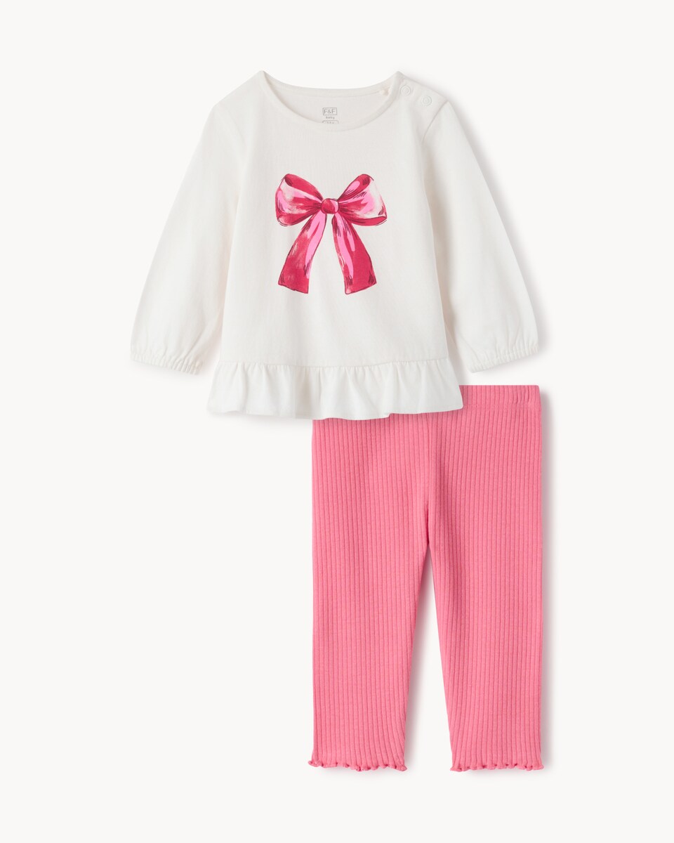 image 1 of F&F Baby Bow Peplum Top and Leggings Set in Pink
