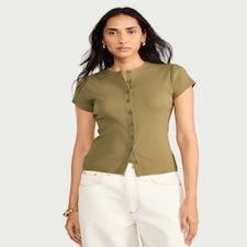 F&F Cotton Rich Ribbed Button Up Top in Olive