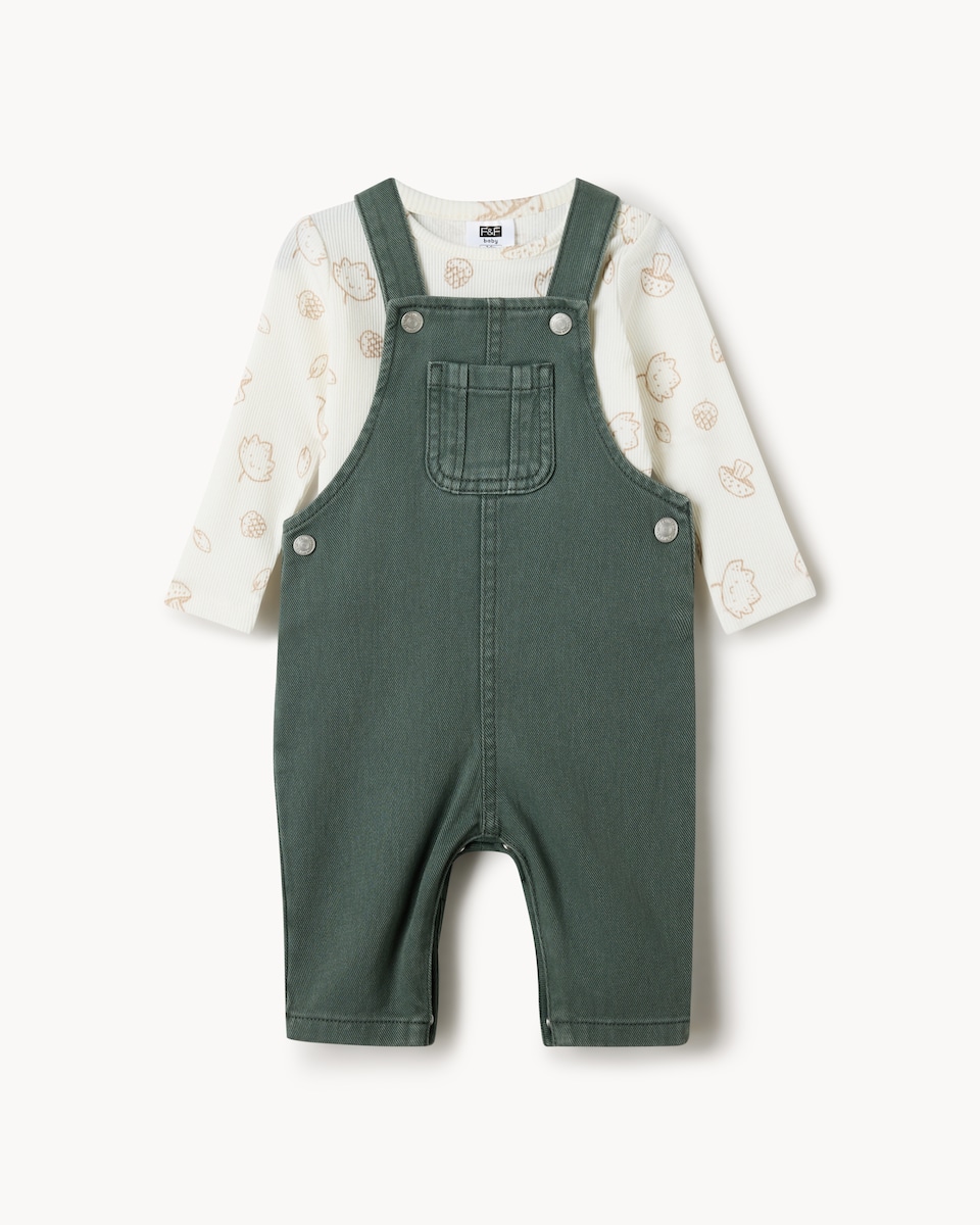 image 1 of F&F Baby Cotton Rich Dungarees and Bodysuit Set in Green