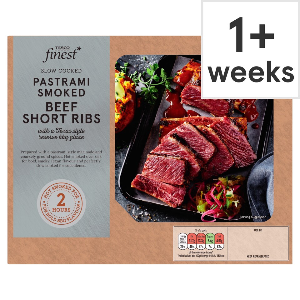 Tesco Finest Slow Cooked Pastrami Smoked Beef Short Ribs with a Texas Style Reserve BBQ Glaze 478G