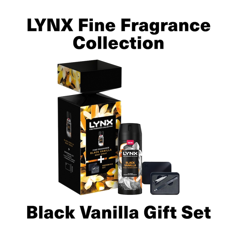 image 1 of Lynx Fine Fragrance Black Vanilla Bodyspray & Grooming Tin Gift Set