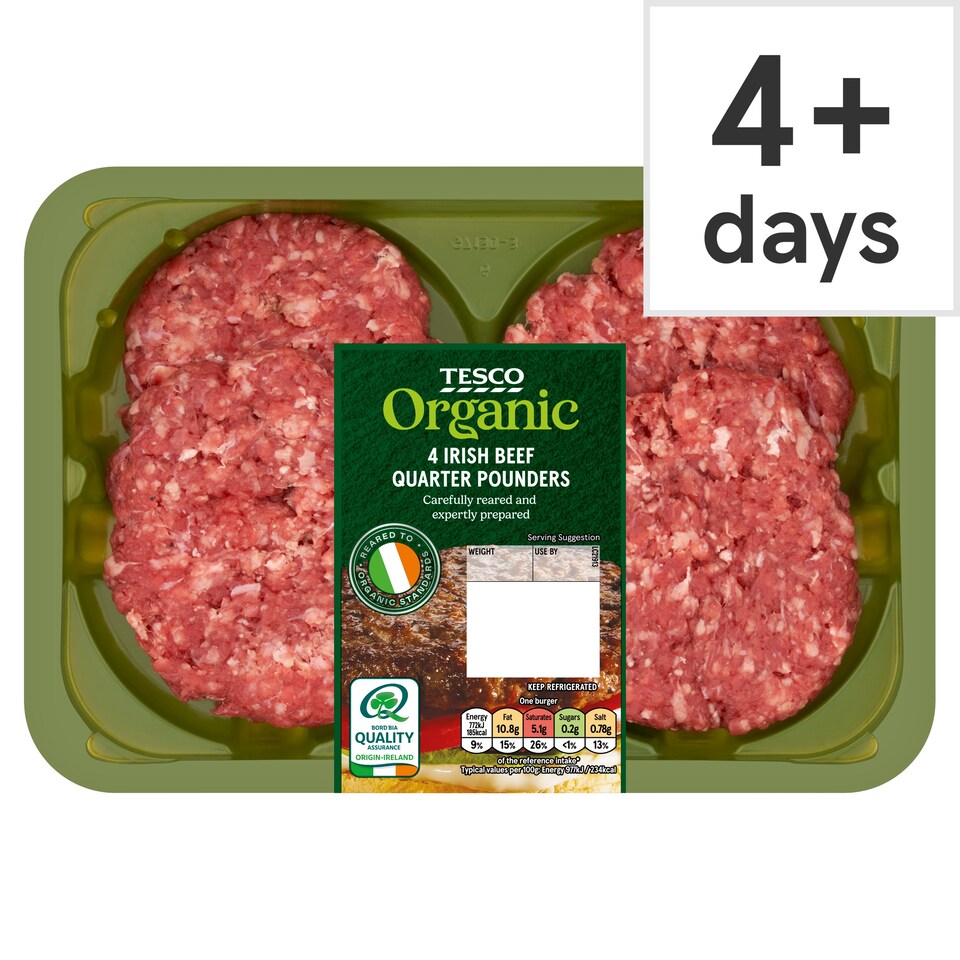 Tesco Organic 4 Irish Beef Quarter Pounders 454G