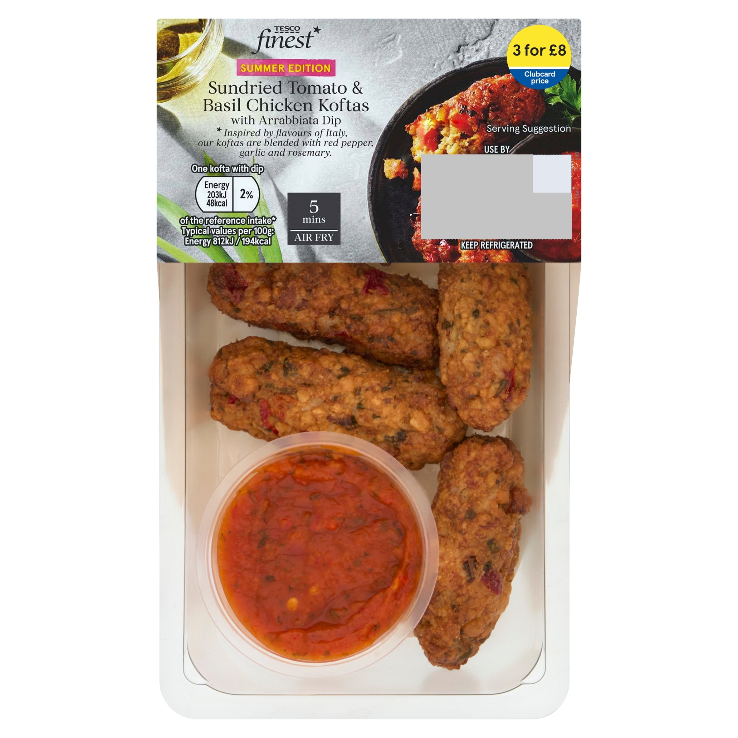 Tesco Finest Sundried Tomato & Basil chicken Koftas with Arrabiata Dip 125g