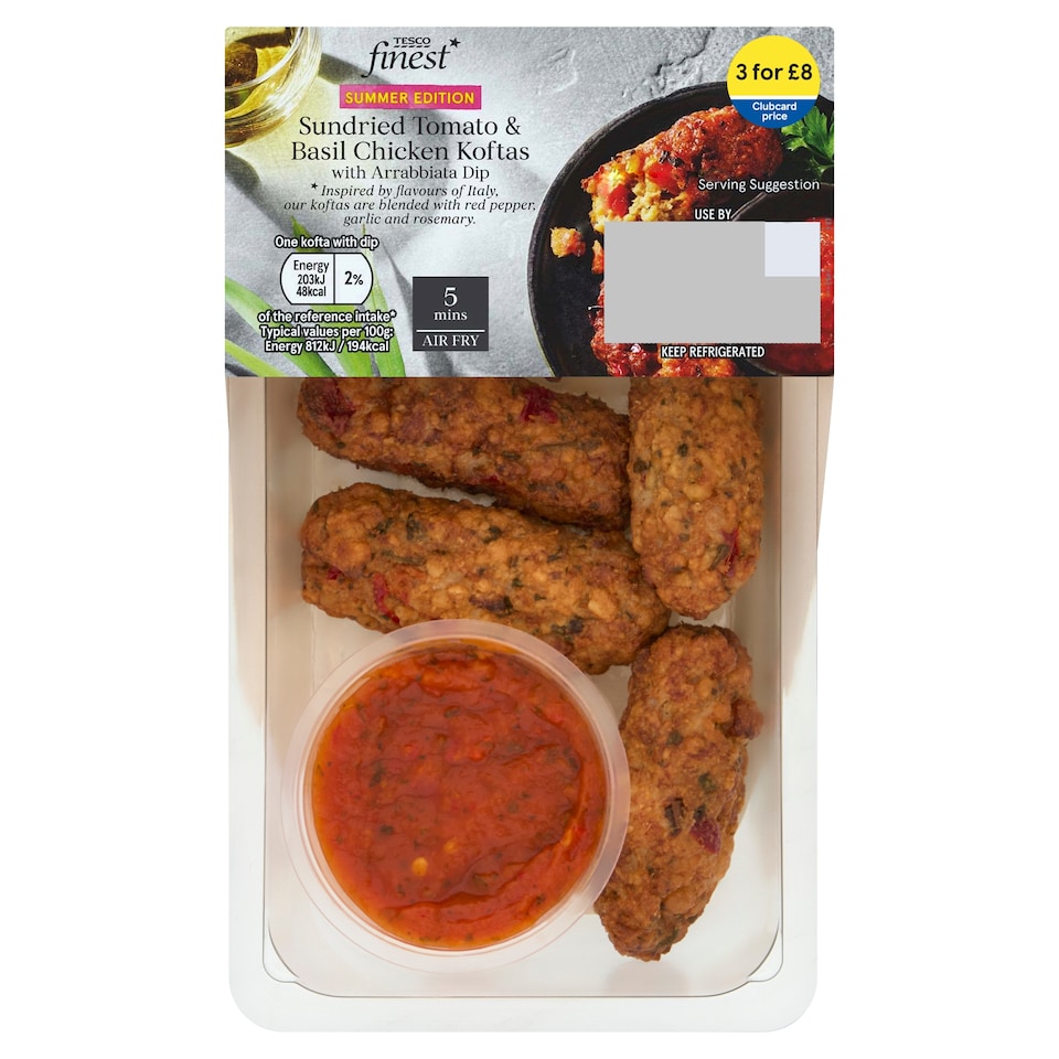 image 1 of Tesco Finest Sundried Tomato & Basil chicken Koftas with Arrabiata Dip 125g