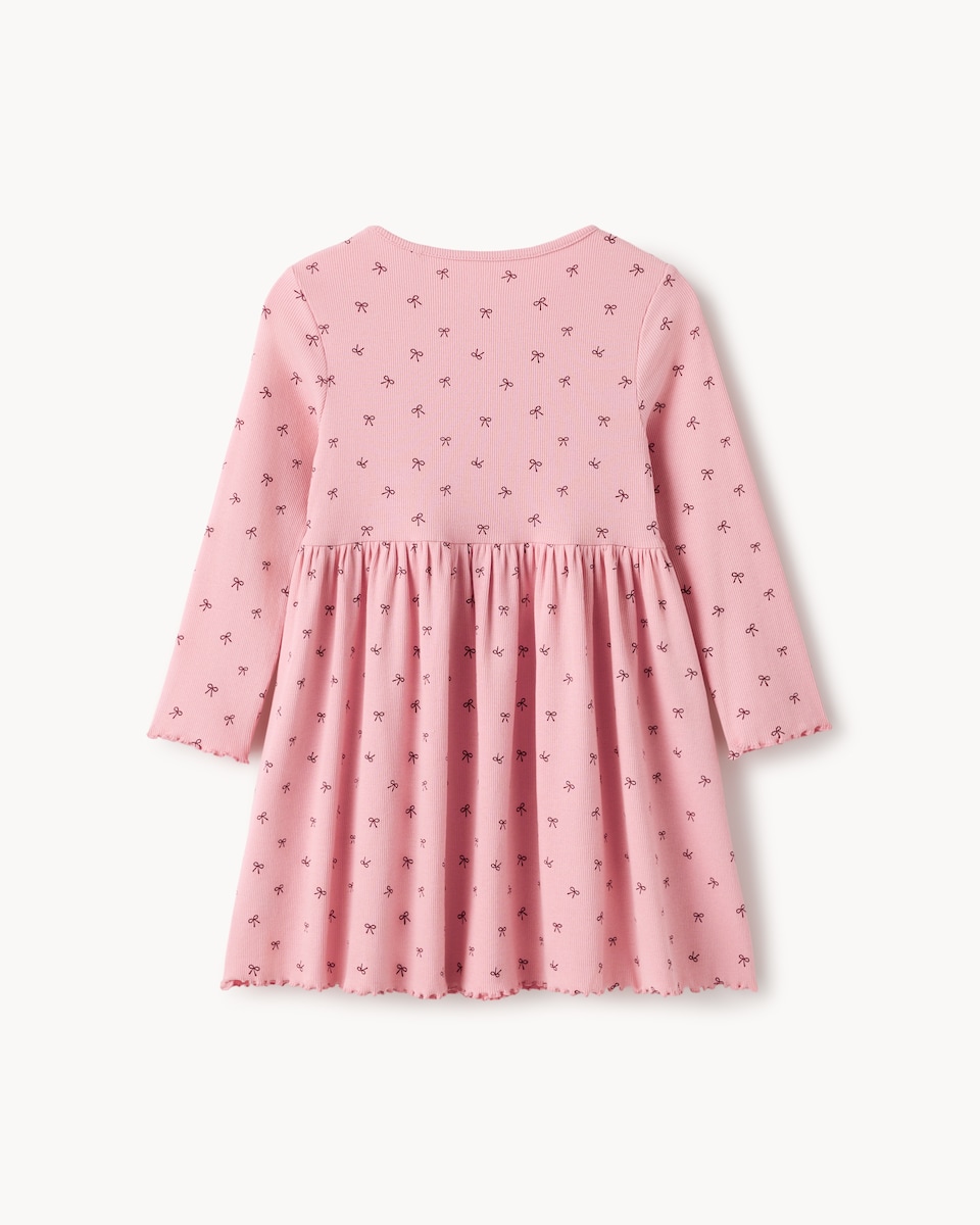 image 1 of F&F Girls Cotton Rich Ribbed Bow Print Dress in Pink