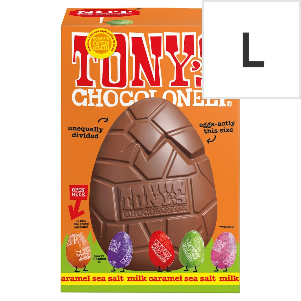 image 1 of Tony's Chocolonely Milk Caramel Sea Salt Easter Egg 242g