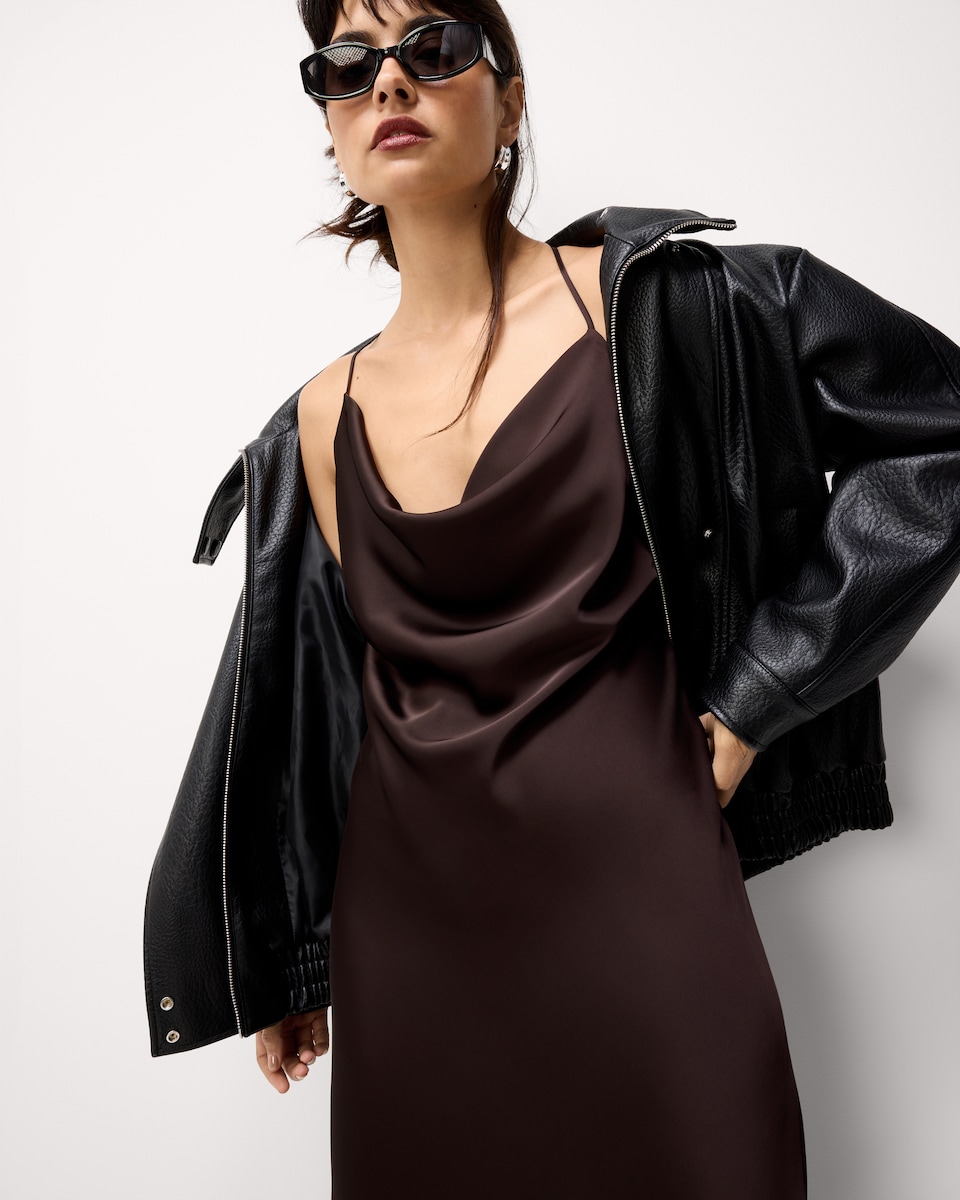 image 1 of F&F Satin Cowl Neck Midi Dress in Chocolate