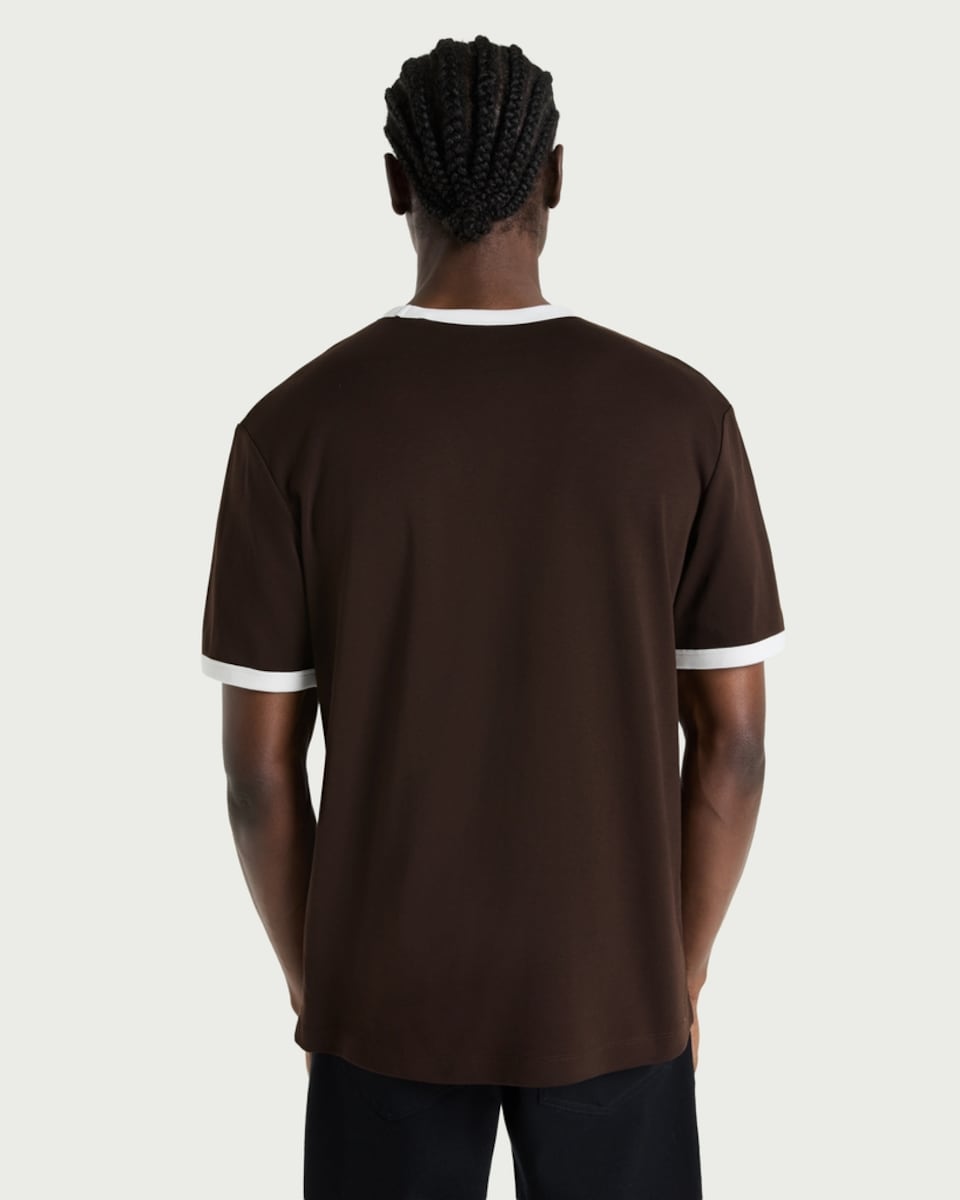 image 1 of F&F Pure Cotton Contrast Trim T-Shirt in Brown