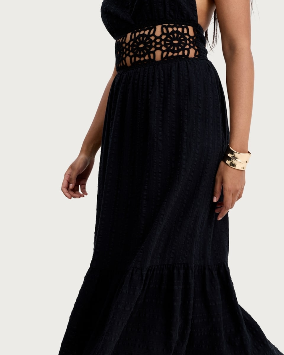 image 1 of F&F Pure Cotton Halter Neck Midi Beach Dress in Black