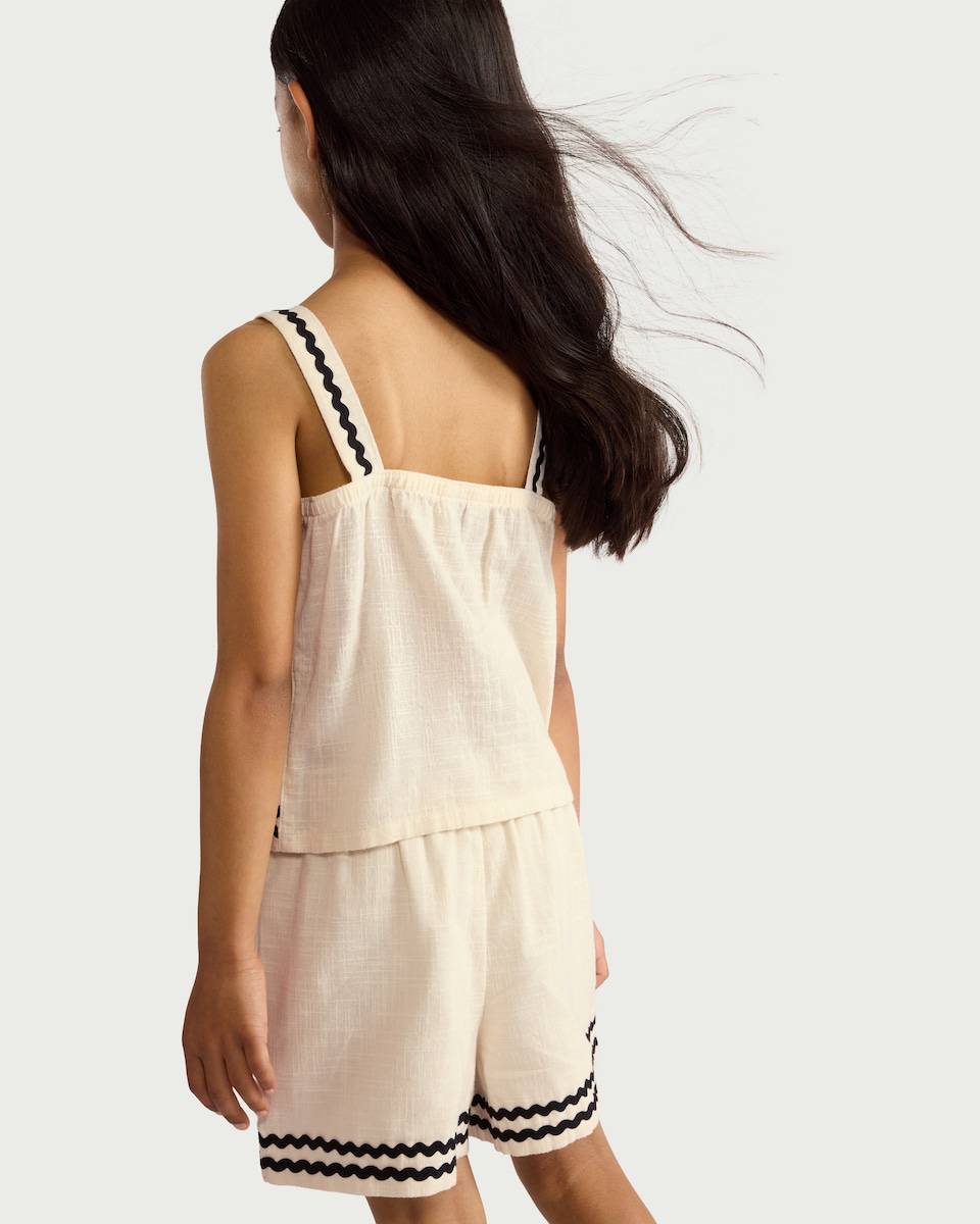 image 1 of F&F Girls 2-Piece Pure Cotton Contrast Trim Top and Shorts Set in Cream