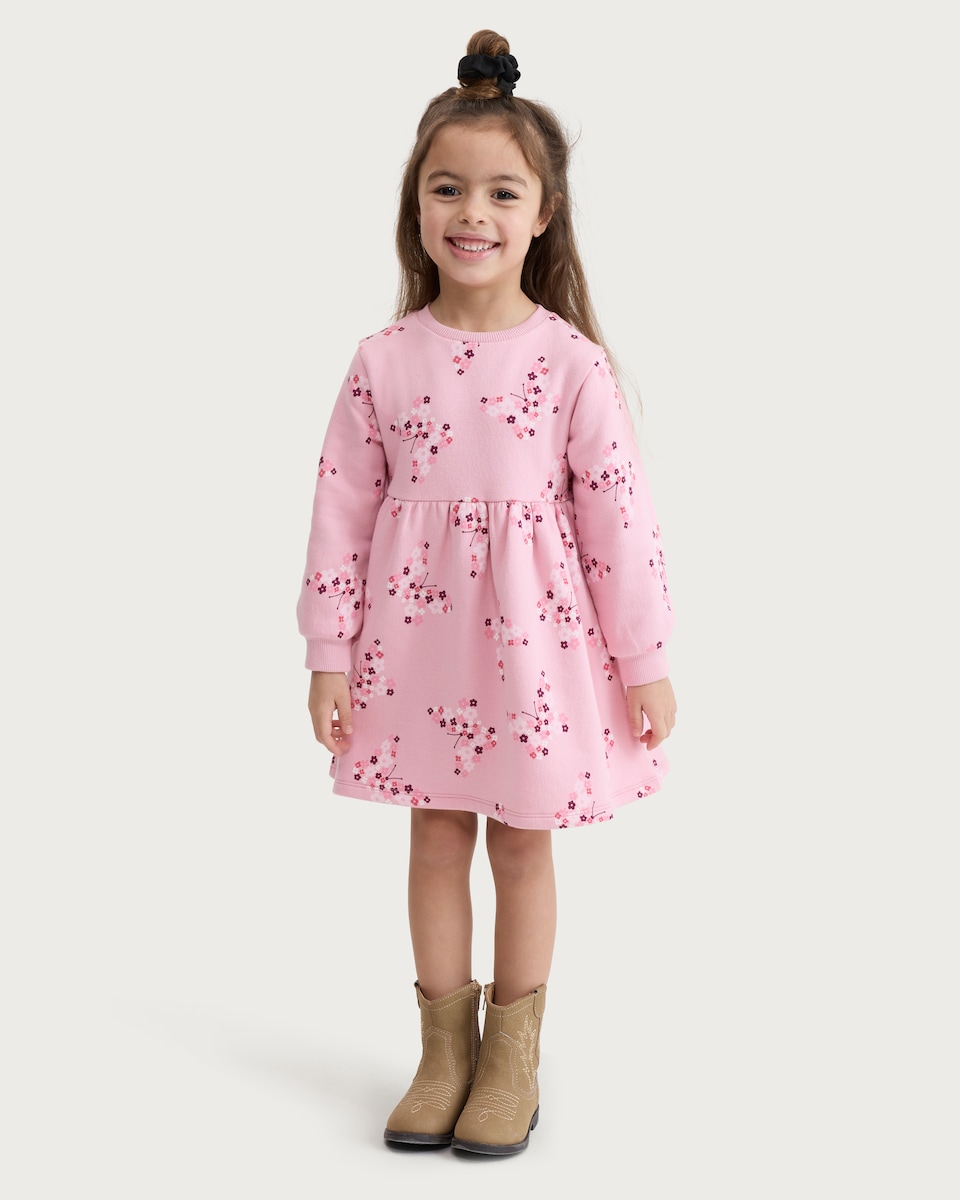 image 1 of F&F Girls Cotton Rich Butterfly Print Long Sleeved Sweat Dress in Multi Pink