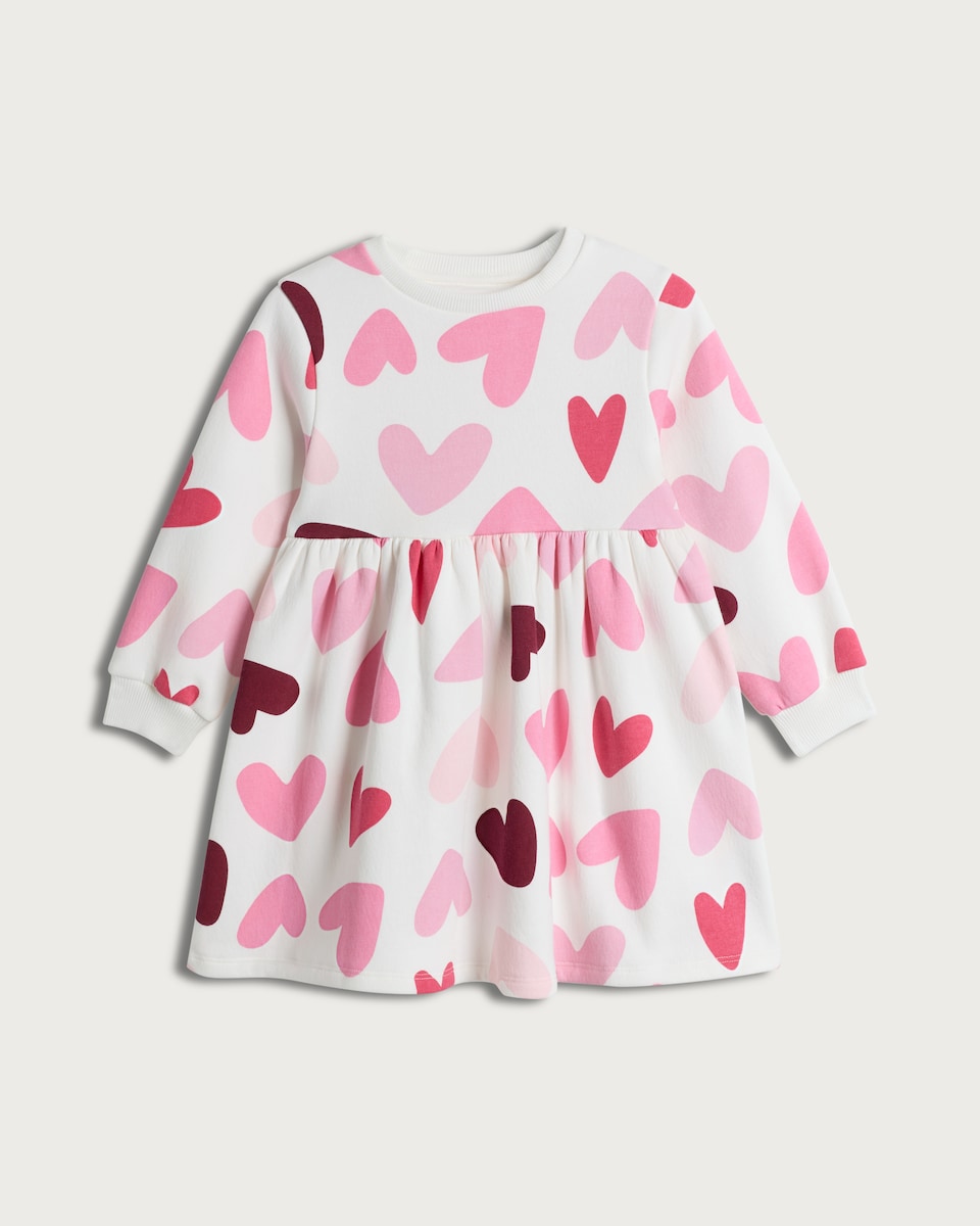 image 1 of F&F Girls Cotton Rich Heart Print Long Sleeved Sweat Dress in Cream