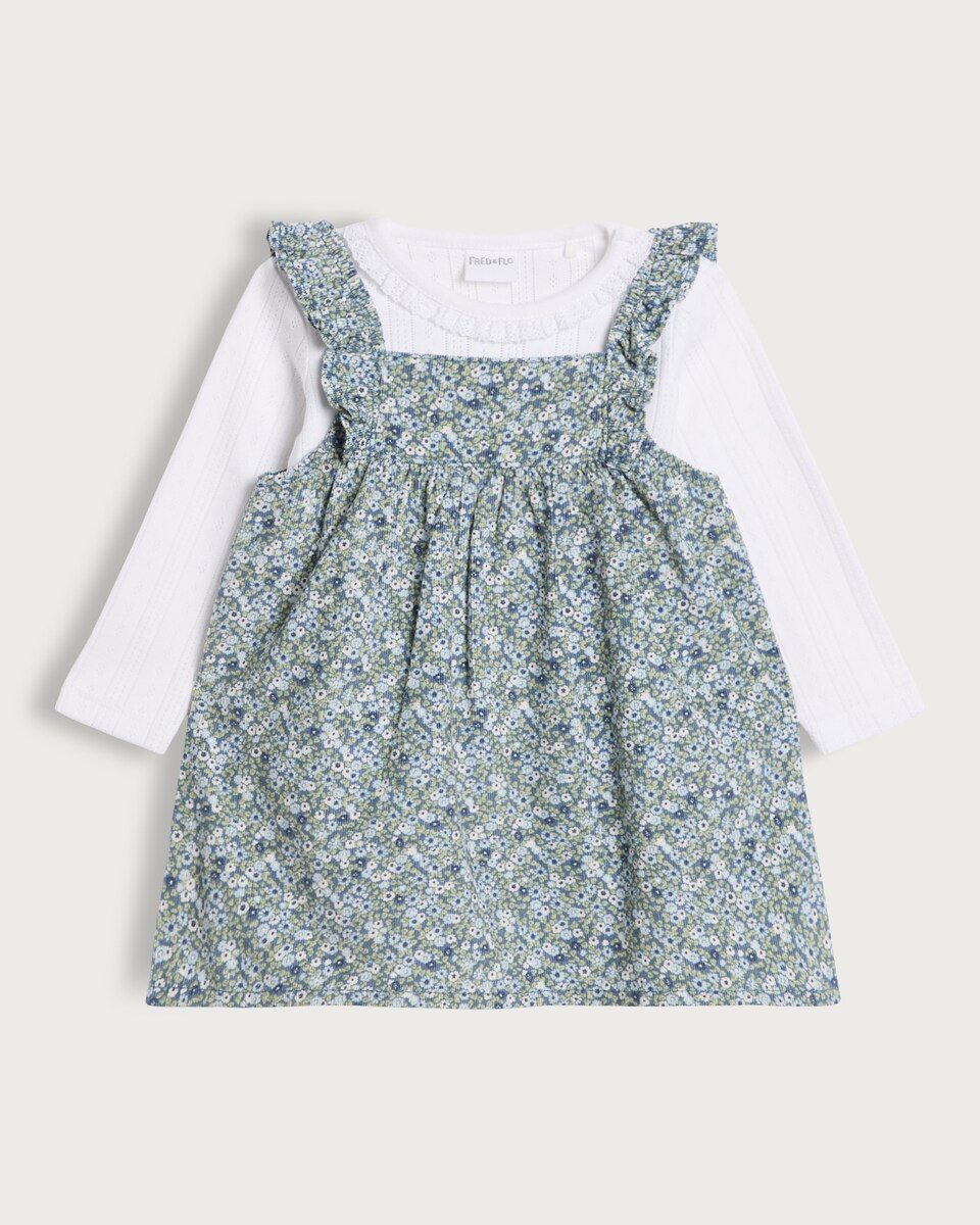 image 1 of F&F Baby 2-Piece Pure Cotton Cord Floral Print Pinny Set in Blue