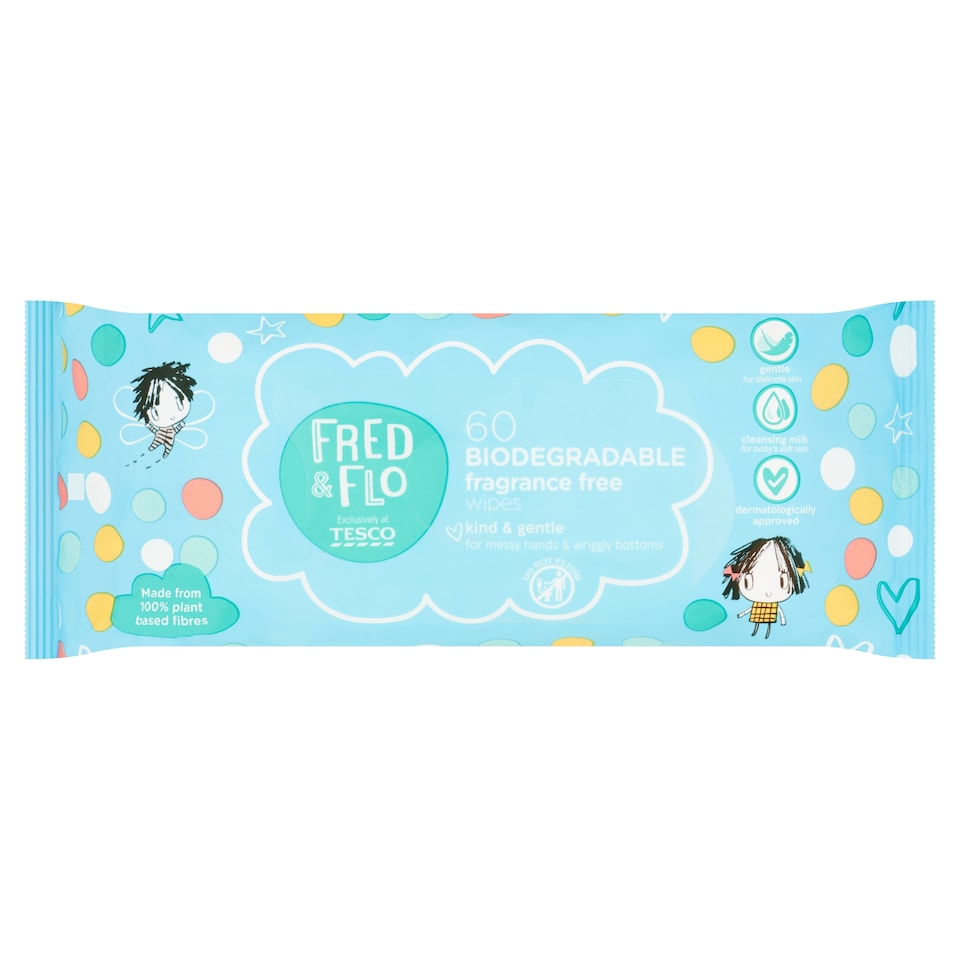 Fred & Flo Biodegradable Fragrance Free Wipes 60 Pack