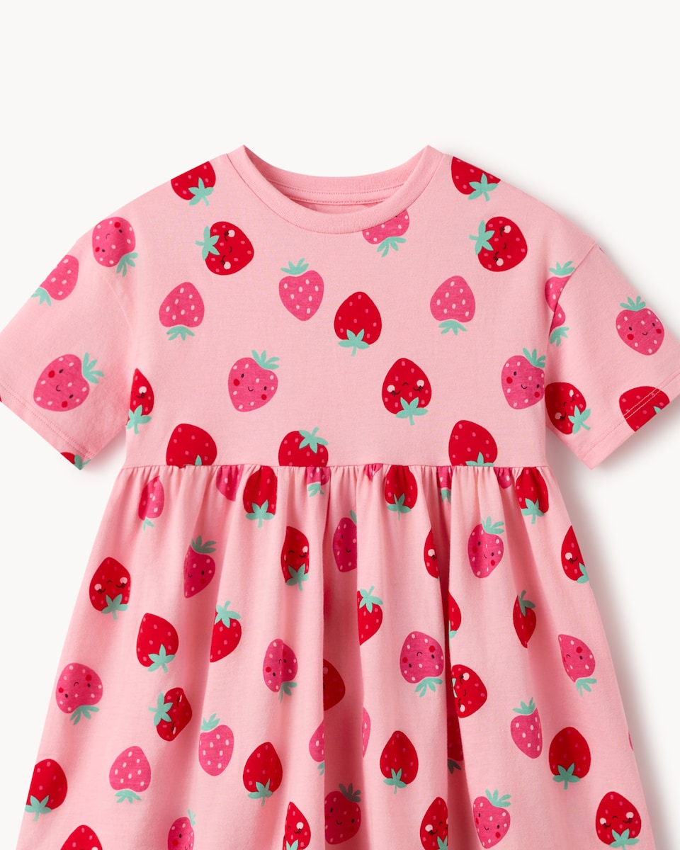 image 1 of F&F Girls Pure Cotton Strawberry Print Short Sleeved Dress in Pink