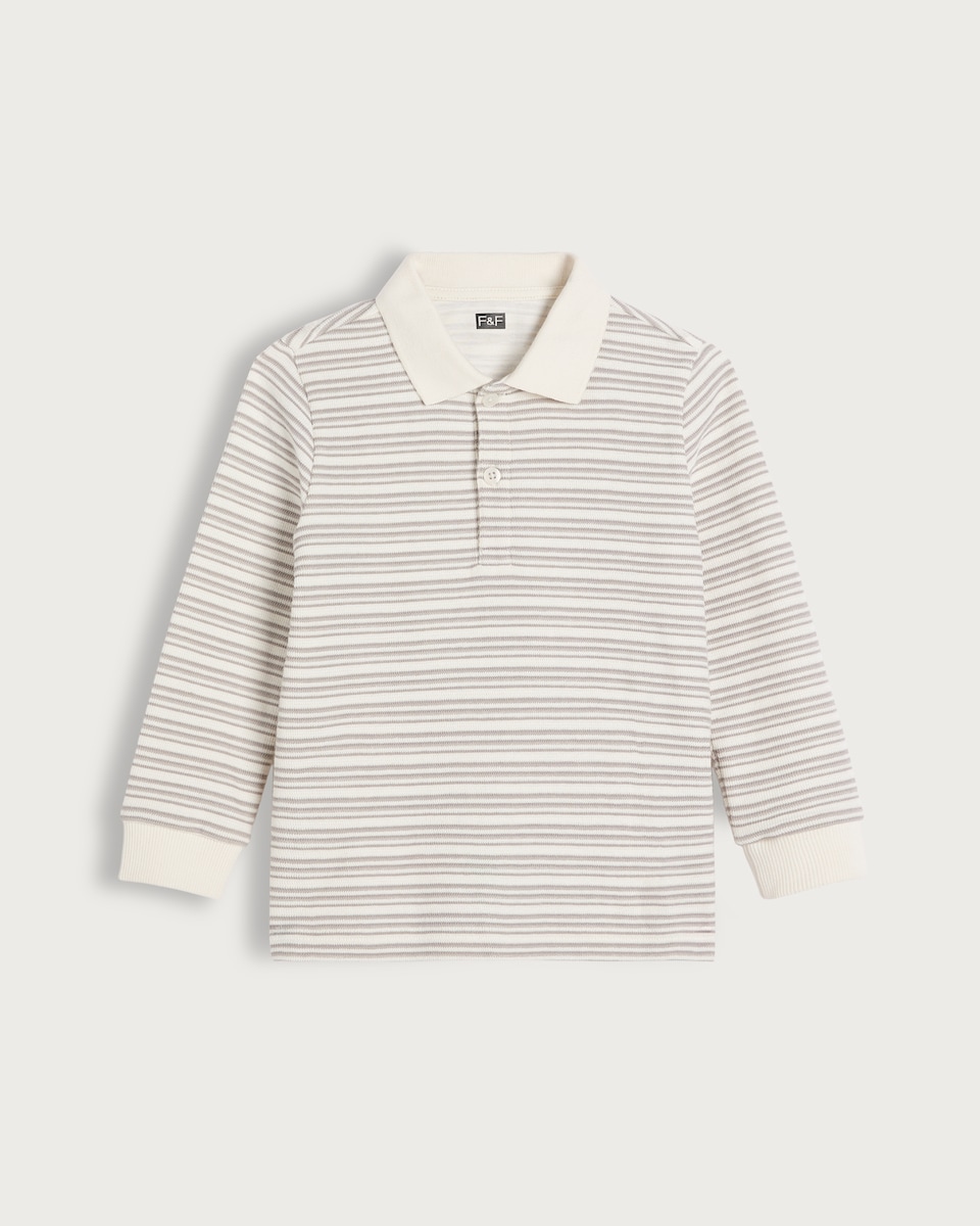 image 1 of F&F Boys Cotton Rich Stripe Long Sleeved Polo Shirt in Grey
