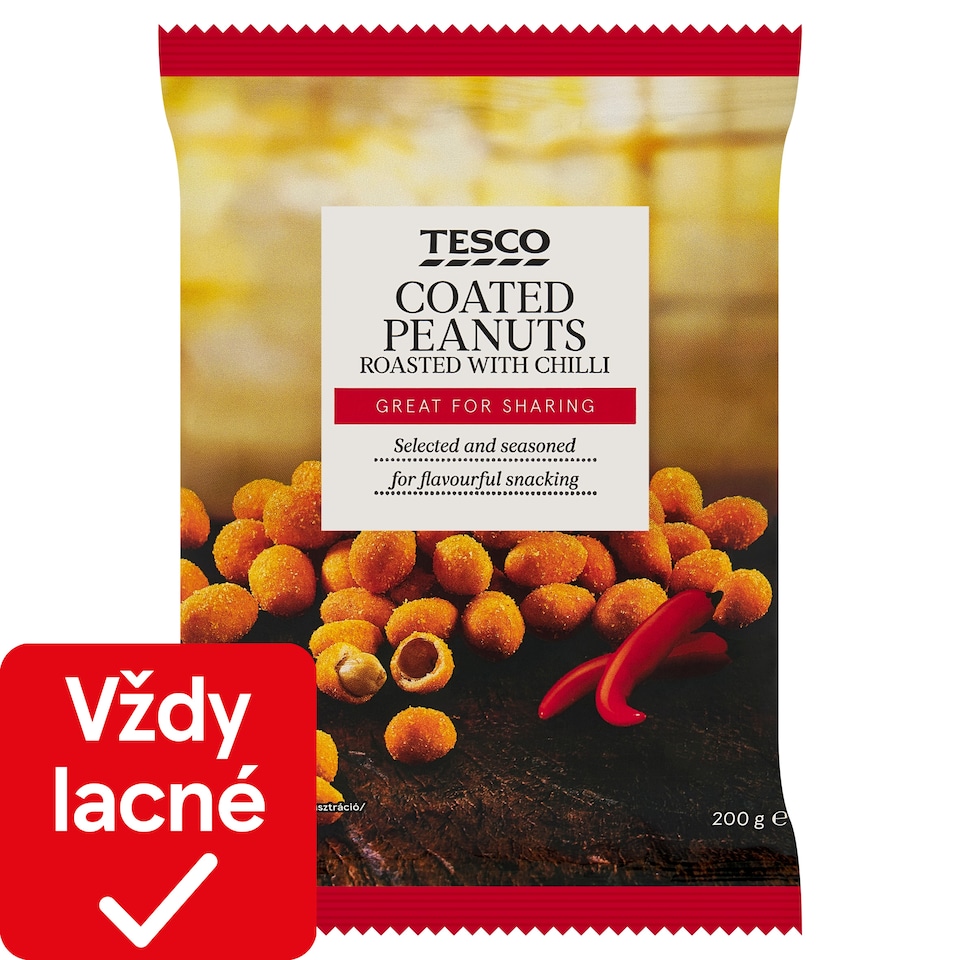 Tesco Pražené lúpané arašidy obalené v cestíčku s príchuťou čili 200 g