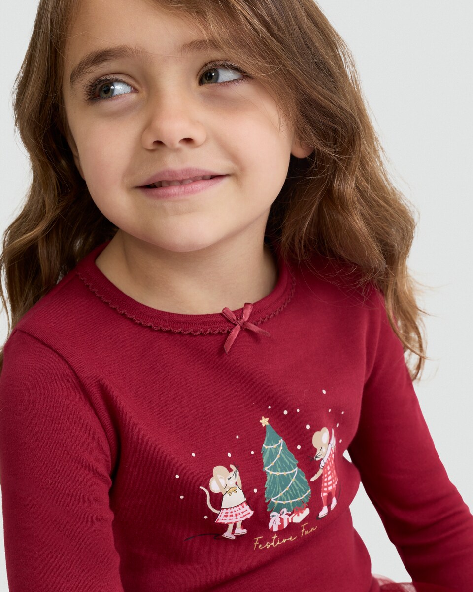 image 1 of F&F Girls 3-Piece Festive Mouse Print Pyjamas in Burgundy Multi