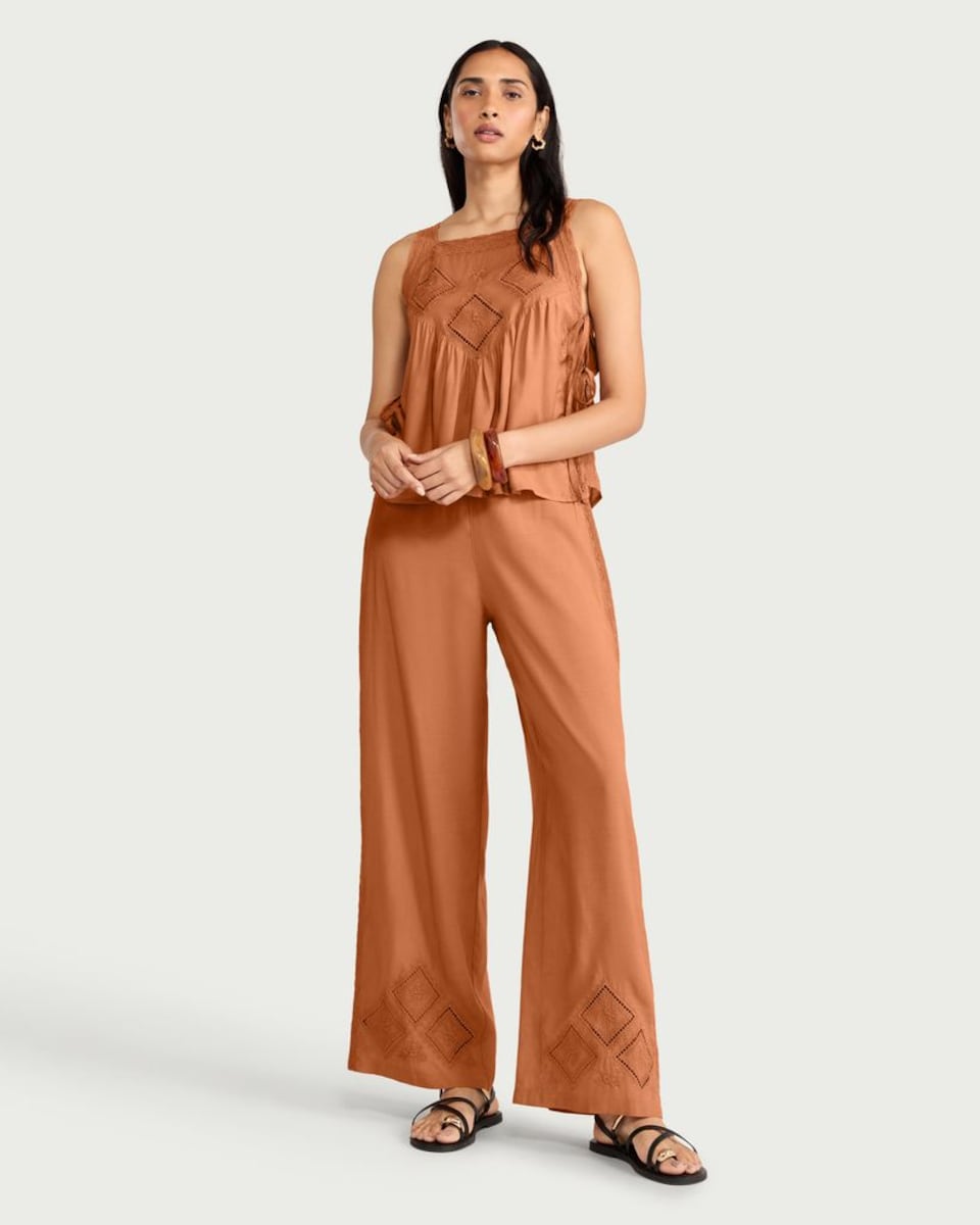 image 1 of F&F Diamond Embroidered Co-ord Trousers in Brick
