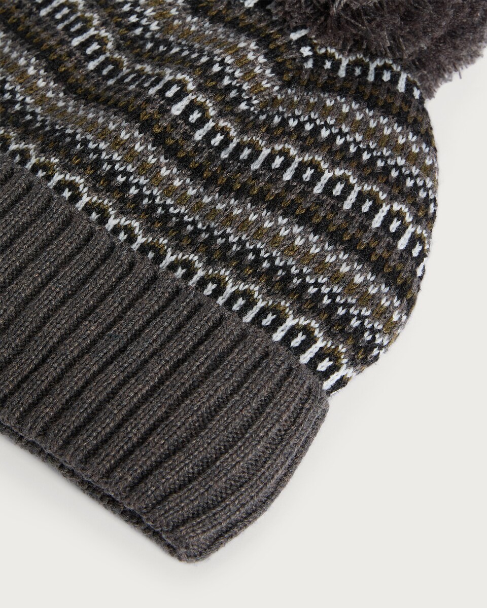 image 1 of F&F Knitted Fair Isle Fleece Lined Pom Pom Beanie in Multi
