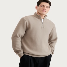 F&F Cotton Rich Ribbed High Neck Half Zip Sweatshirt in Stone
