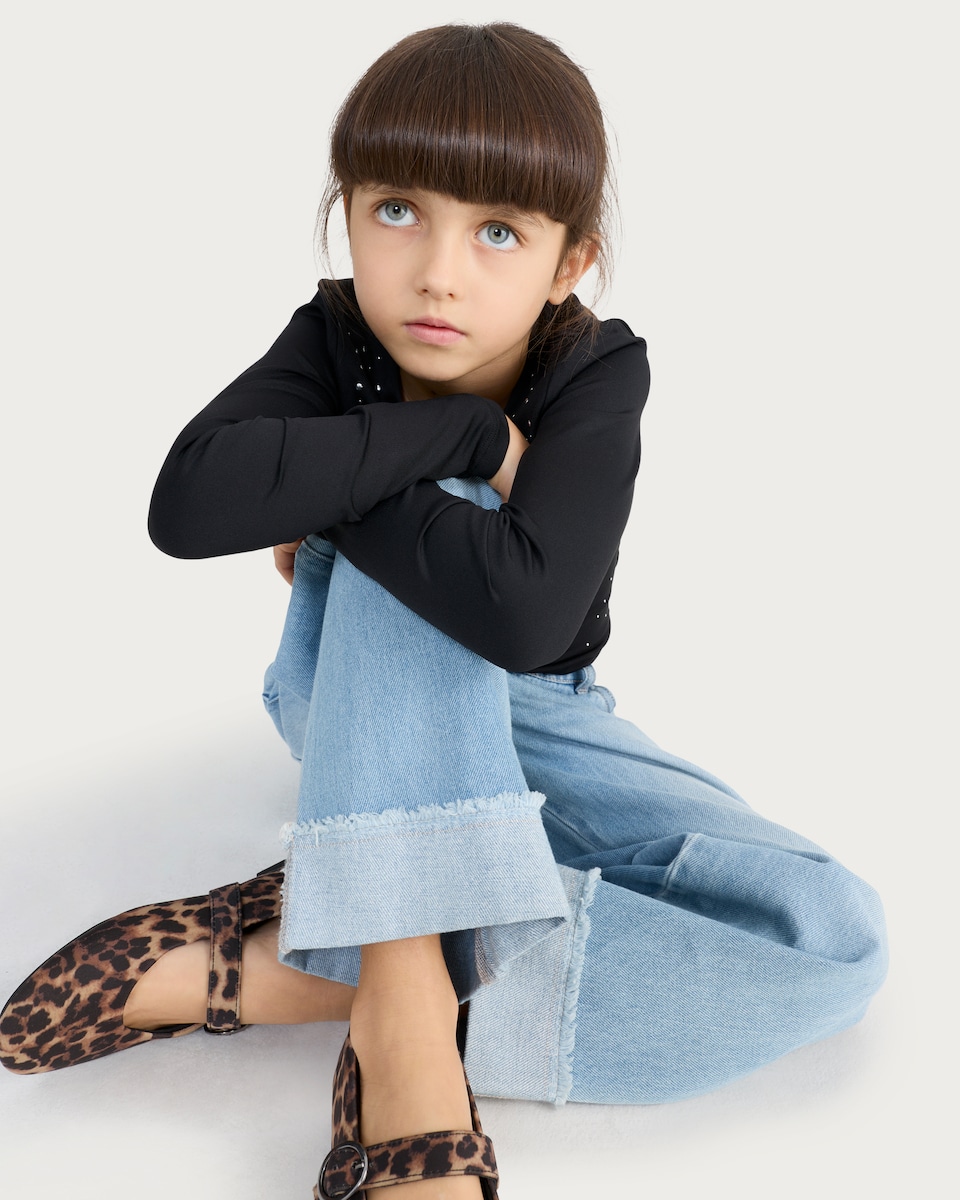 image 1 of F&F Girls Embellished Long Sleeve Top in Black