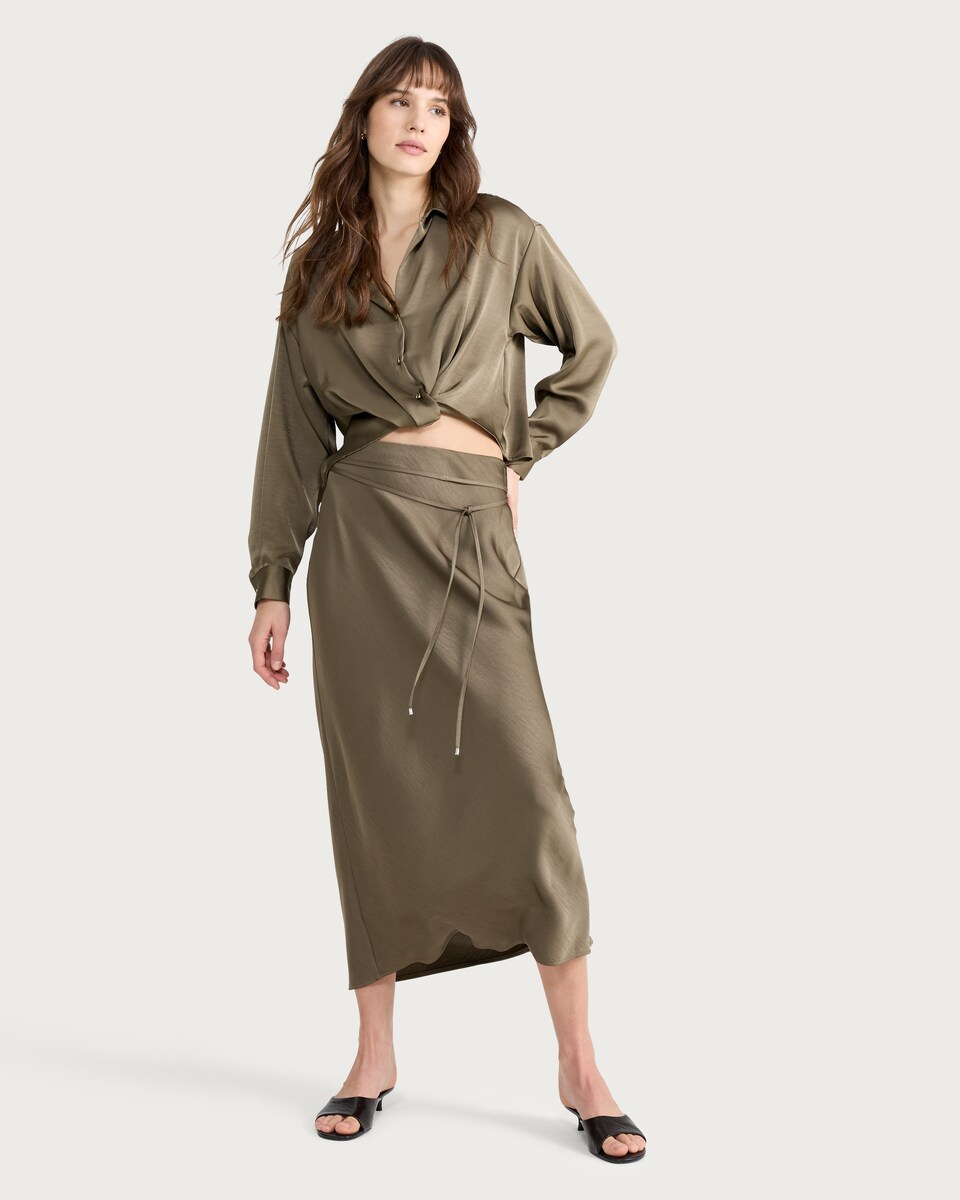 image 1 of F&F Satin Twist Front Hem Button Up Co-ord Shirt in Khaki