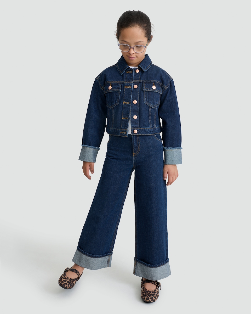 image 1 of F&F Girls Pure Cotton Wide Leg Turn Up Jeans in Blue