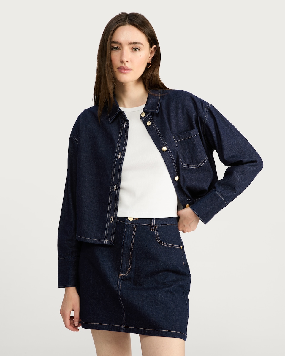 image 1 of The F&F Edit Denim Cropped Pocket Detail Co-ord Shirt in Navy