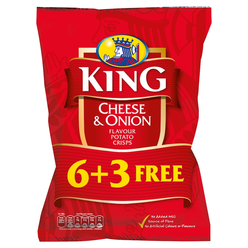 King Cheese & Onion Flavoured Potato Crisps 6 pack + 3 free 225g