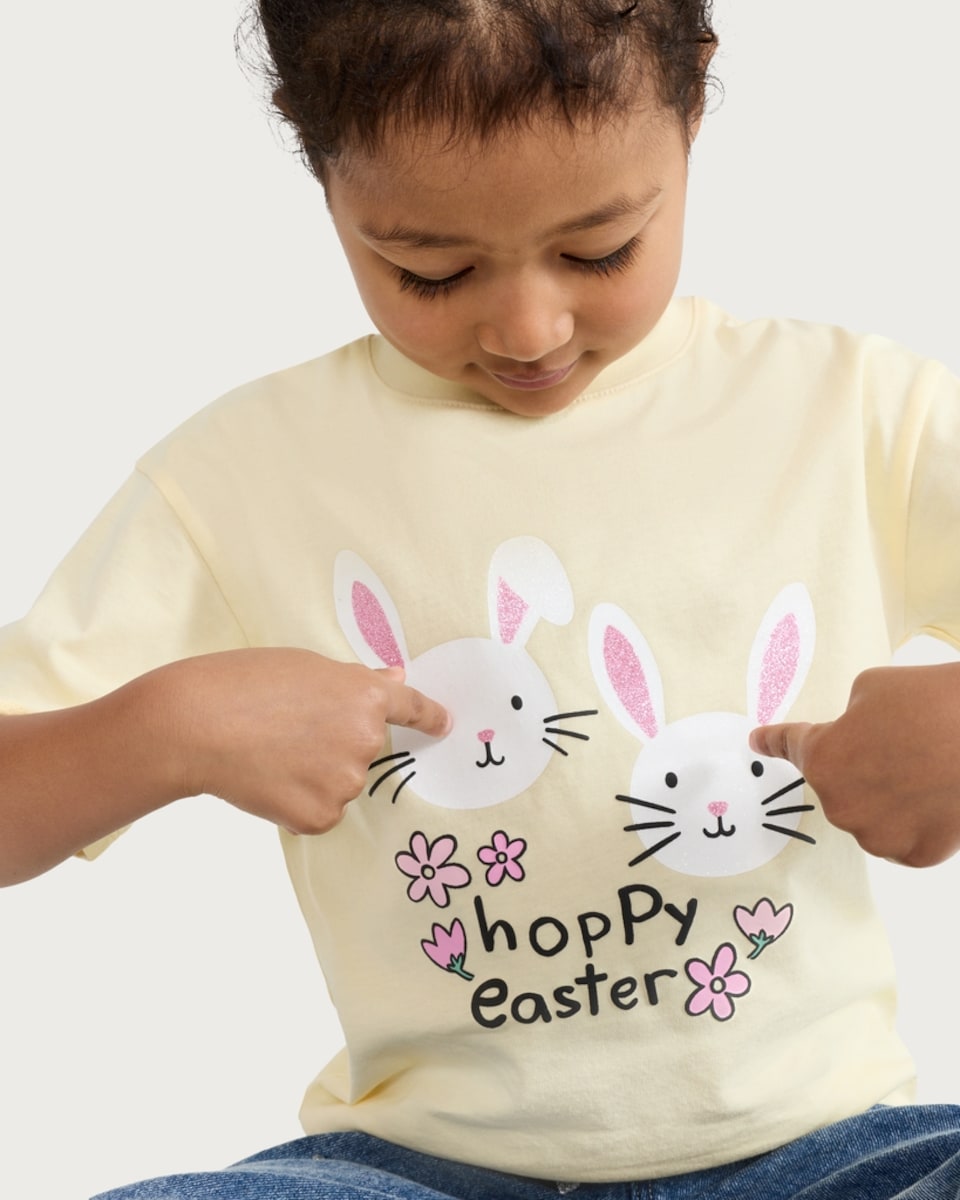 image 1 of F&F Girls Pure Cotton Hoppy Easter Bunny T-Shirt in Yellow