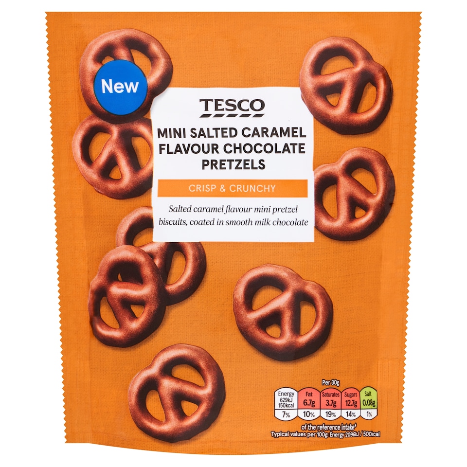 Tesco Mini Salted Caramel Flavour Milk Chocolate Pretzel Biscuits 90g