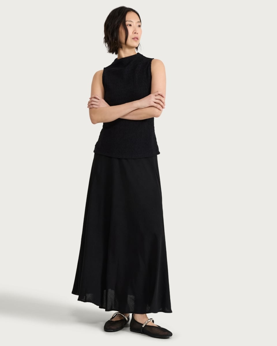 image 1 of F&F Cotton Rich Crinkle Textured High Neck Sleeveless Top in Black