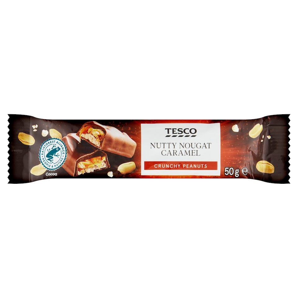 Tesco Tyčinka s arašídy, karamelem a nugátem v mléčné čokoládě 50g