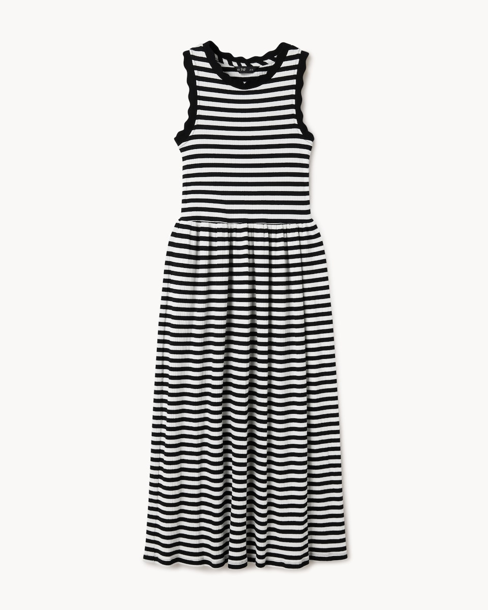 image 1 of F&F Cotton Rich Striped Scallop Edge Sleeveless Dress in Multi Black White