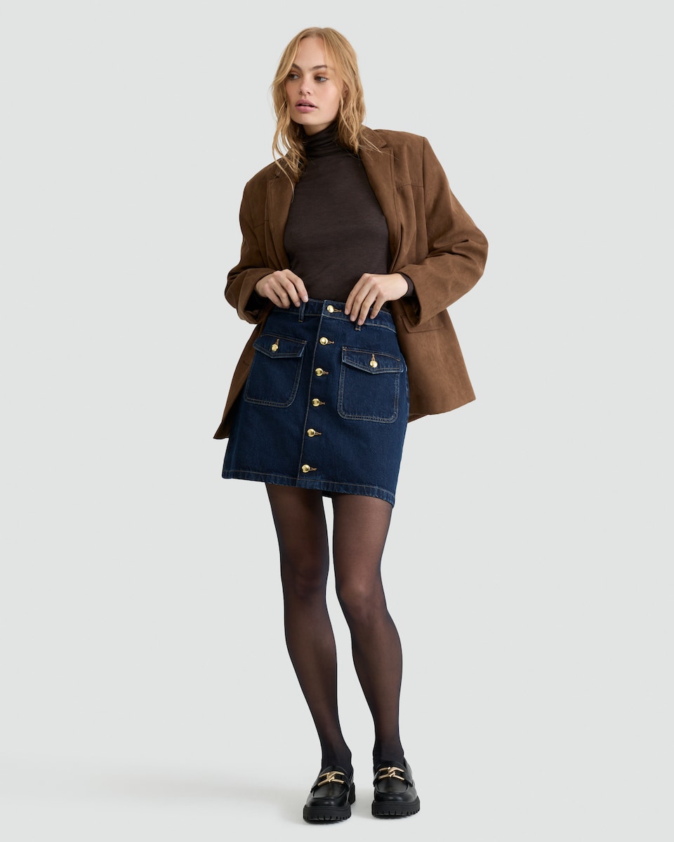 image 1 of The F&F Edit Denim Button-Front Skirt in Navy